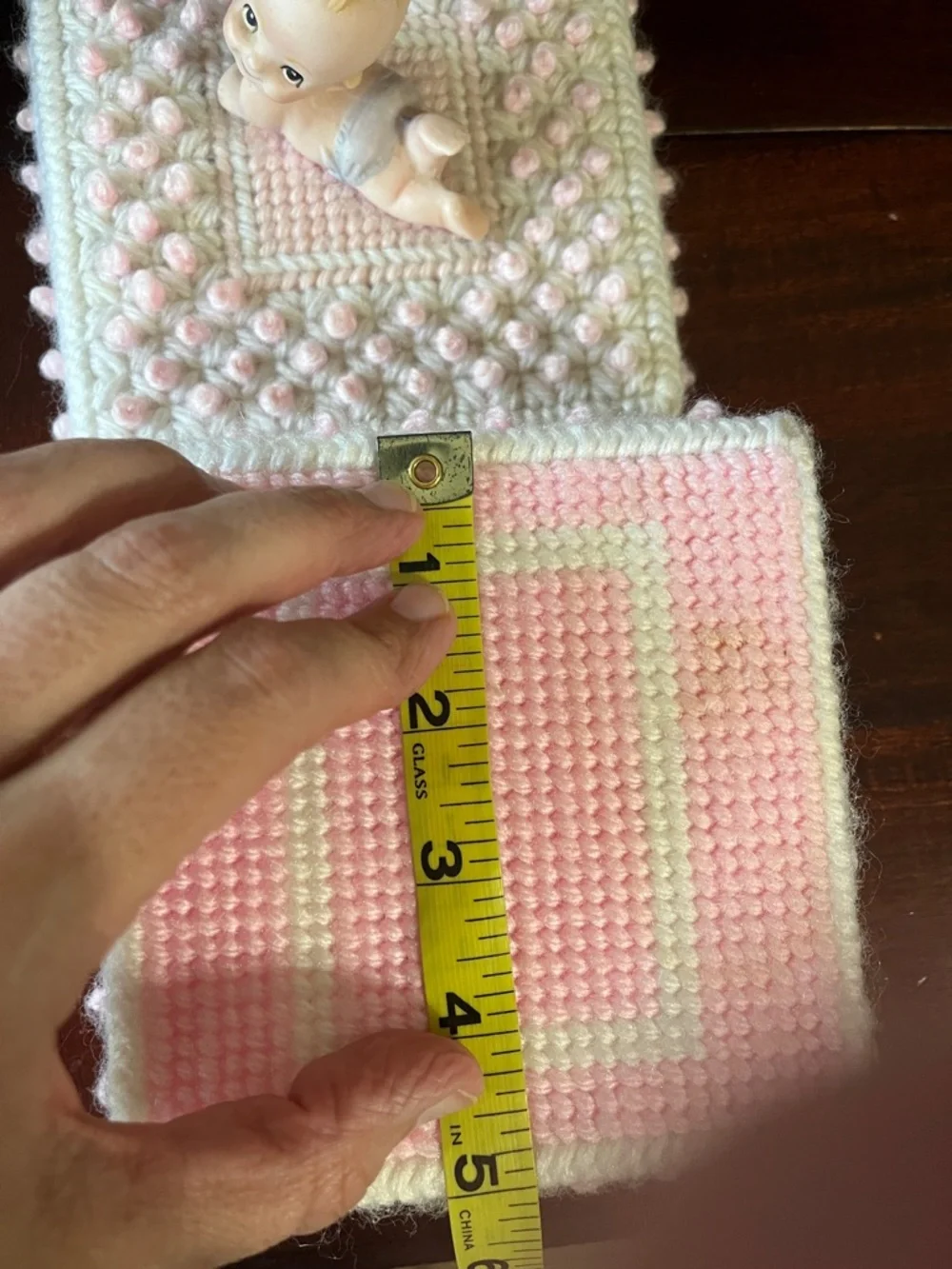 Cream and Pale Pink Crocheted Trinket Box with Ceramic Baby Topper